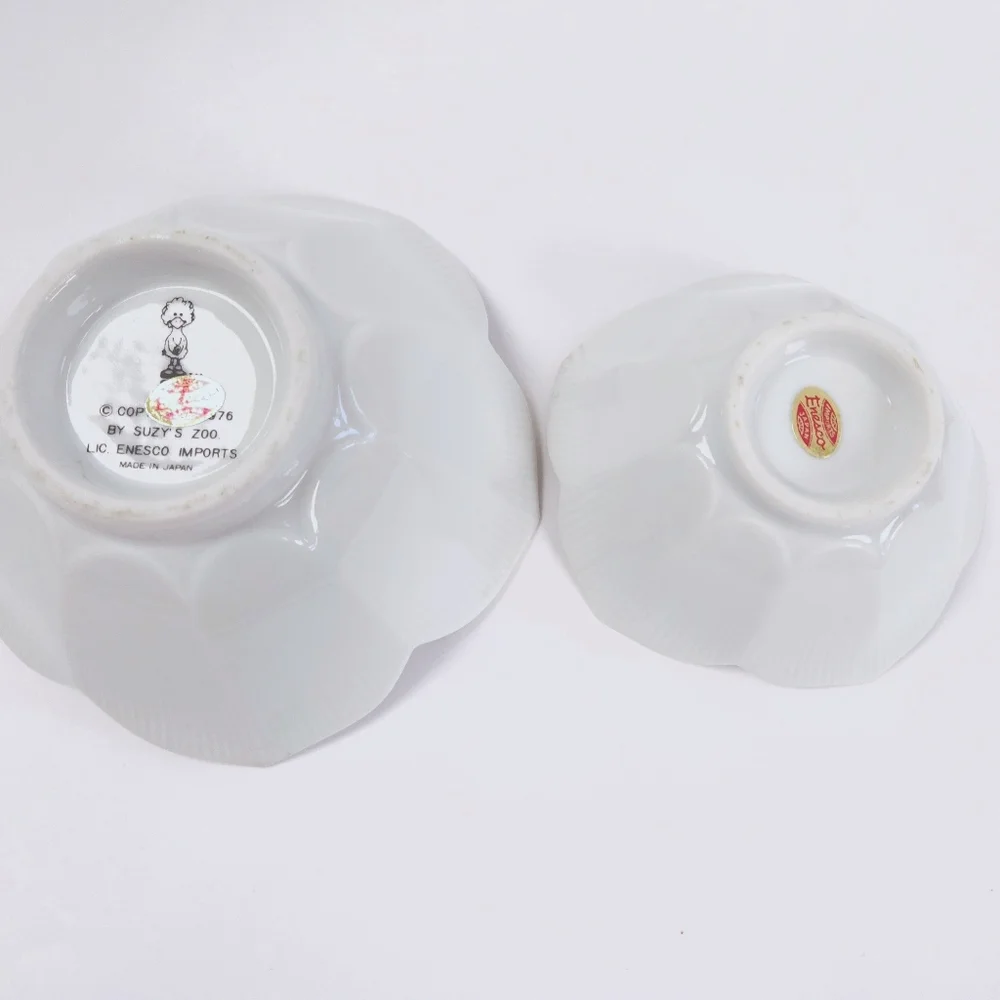 Suzy's Zoo Enesco Set Of 2 Vintage 70s Ceramic White Green Frog Lotus Bowls